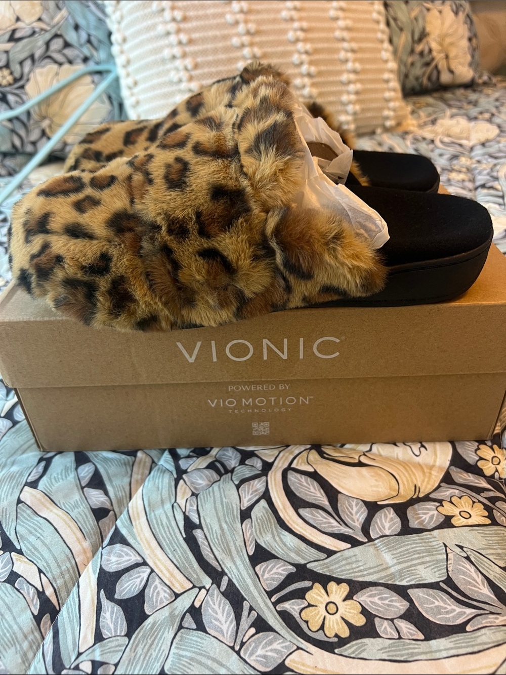 Vionic Gemma II Leopard Faux Fur Mule Slippers - Black & Brown